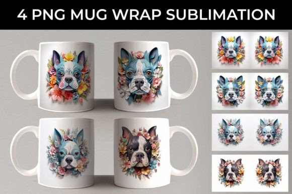 3D Floral Fantasy Boston Terrier Mug PNG