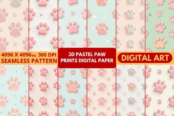 3d Pastel Paw Prints Digital Paper